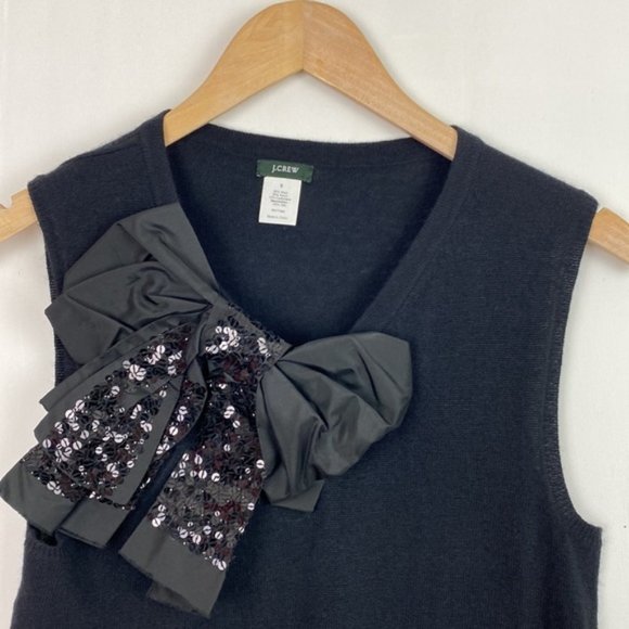 Vintage J.Crew S Silk Sequined Bow Black Sweater Vest Shell Cashmere Wool - Picture 1 of 12